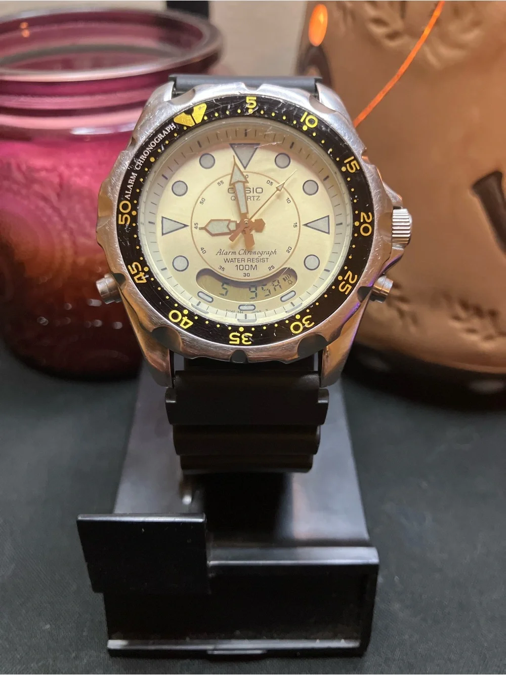 Seiko Black Watch with Cream Dial and Yellow Accents